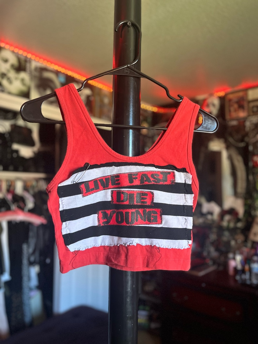 DIY Red Cropped Tank Top with "Live Fast Die Young"